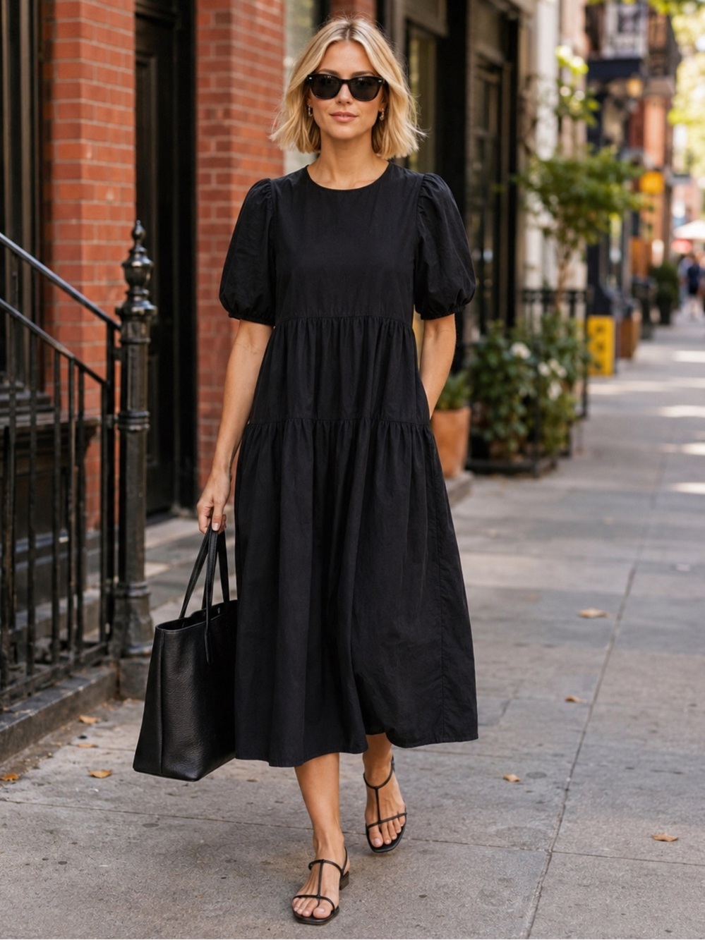 Old Navy Black 100% Cotton Puff Sleeve Tiered Midi Dress Short Sleeve S